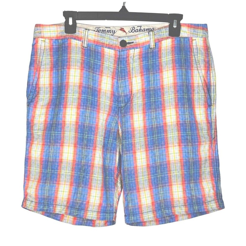 Tommy Bahama Mens 34 Linen Tencel Plaid Shorts Blue Red Resort Golf